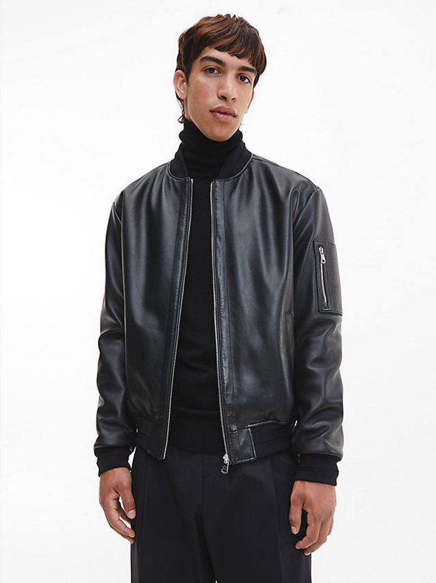 Calvin Klein USA Relaxed Leather Bomber Mens Jacket Black 2438096-PH